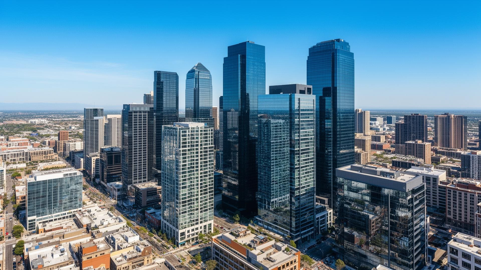 Modern commercial real estate business district with glass skyscrapers