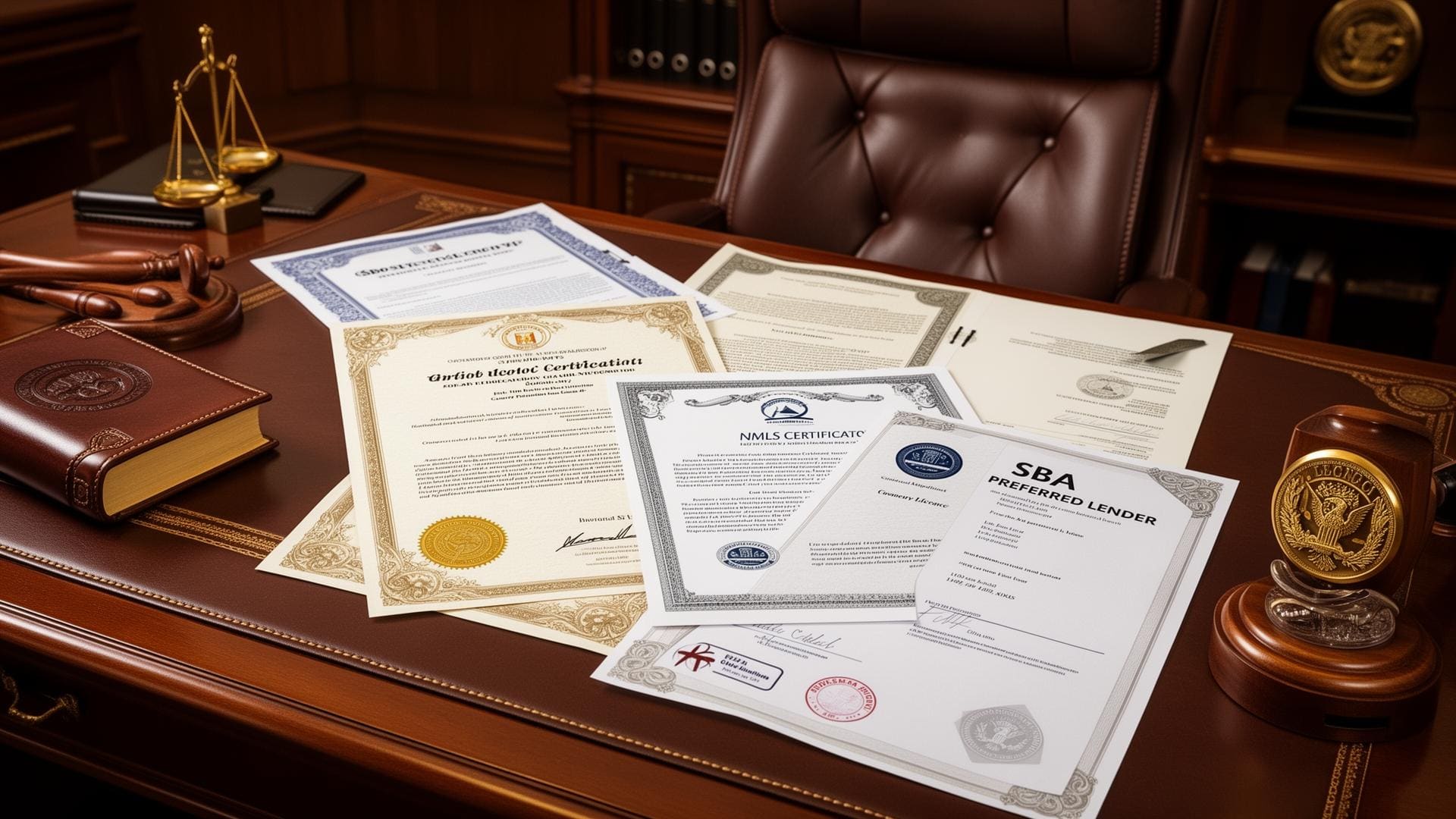 Professional certifications and compliance documents on executive desk