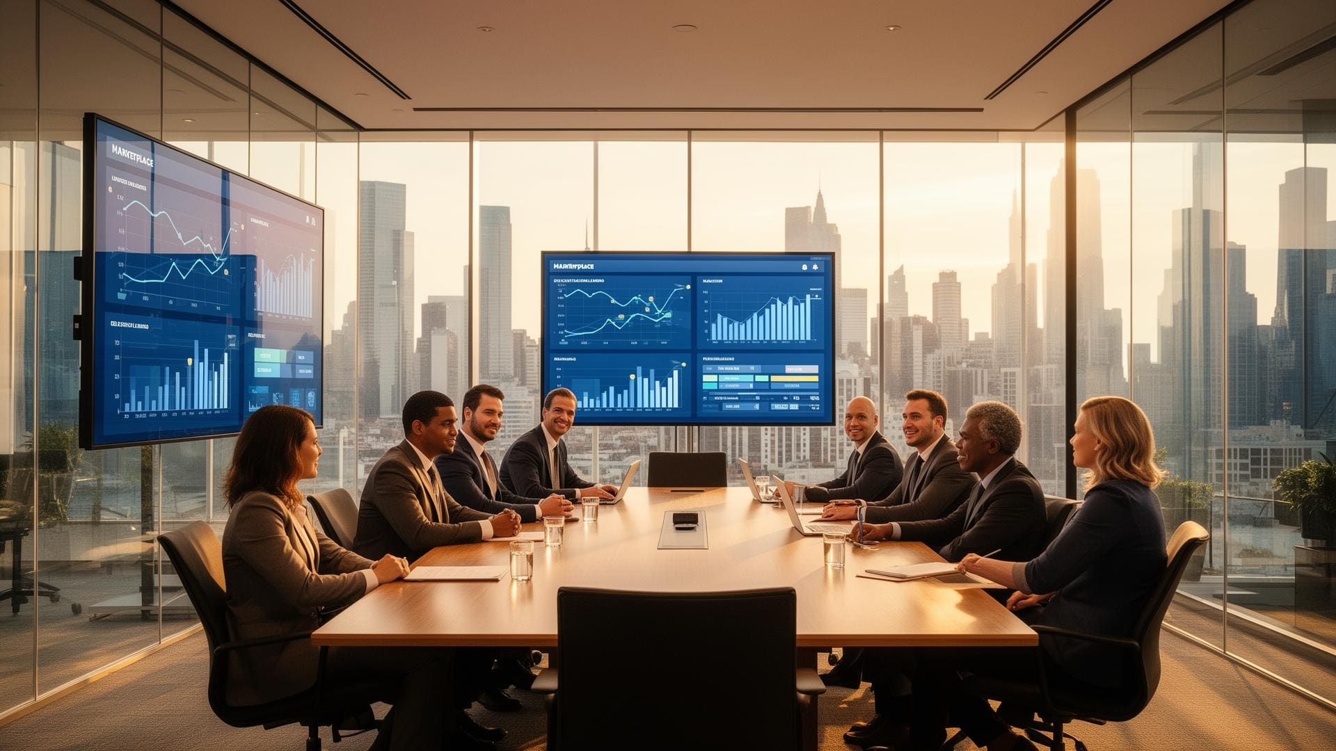 Executive team discussing marketplace analytics in modern boardroom