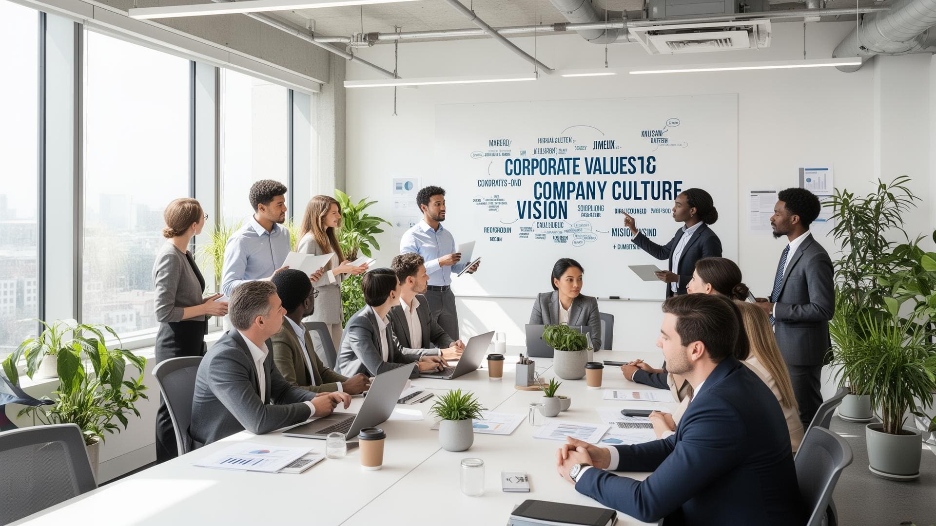 Diverse professional team collaborating on company values and mission