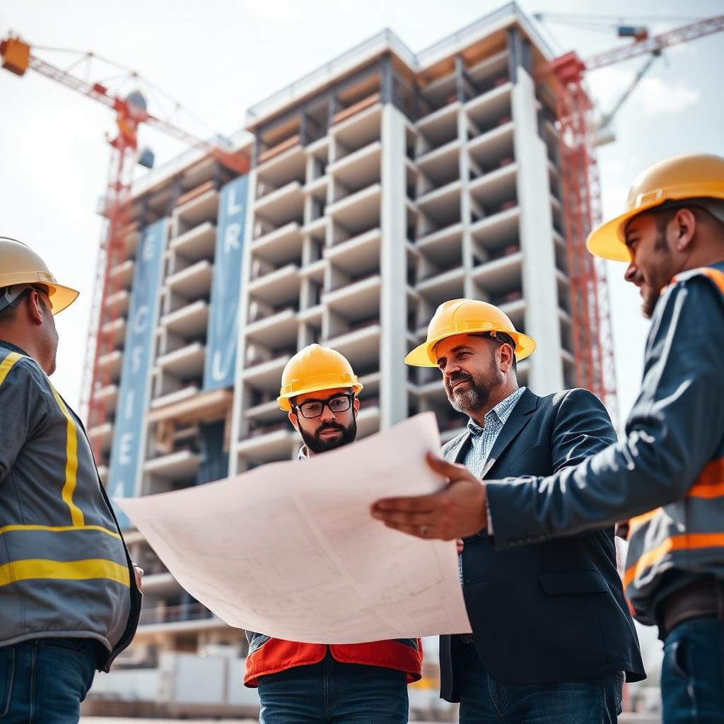 Construction workers and heavy machinery at work site