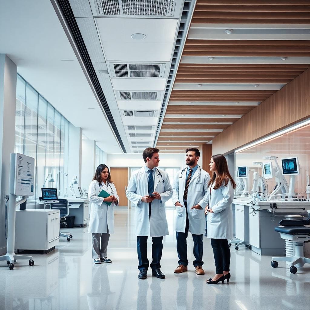 Modern medical facility with healthcare professionals