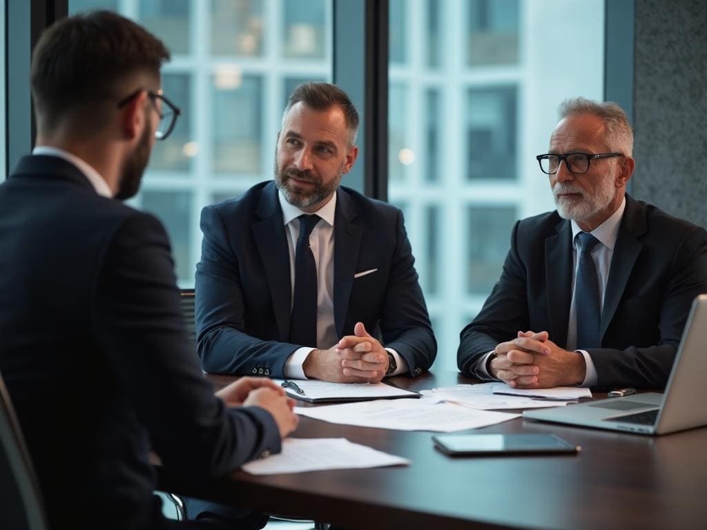 Professional legal consultation meeting discussing business terms and agreements