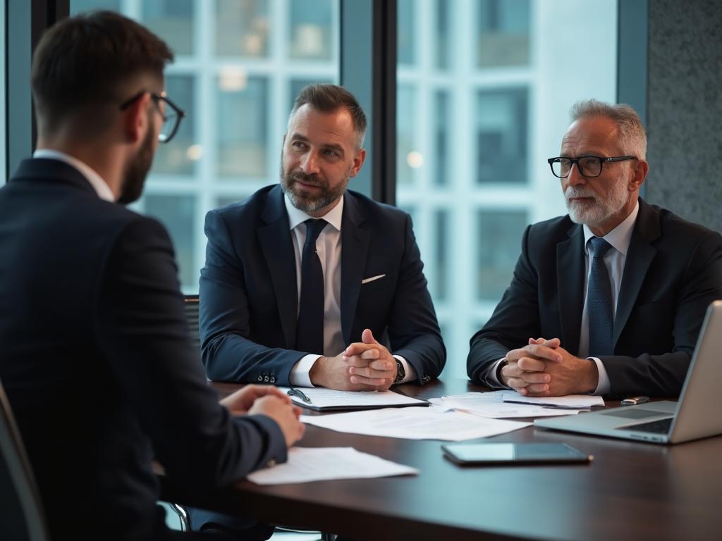 Professional legal consultation meeting discussing business terms and agreements