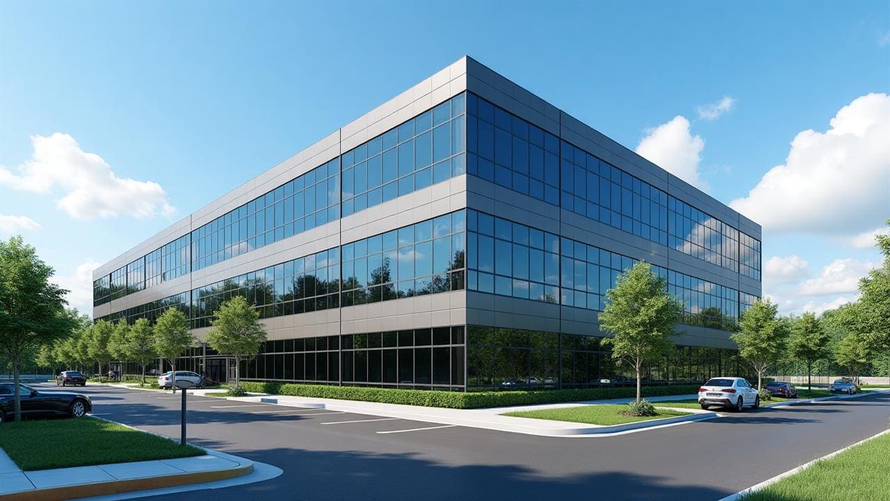 Modern commercial office building eligible for SBA 504 financing