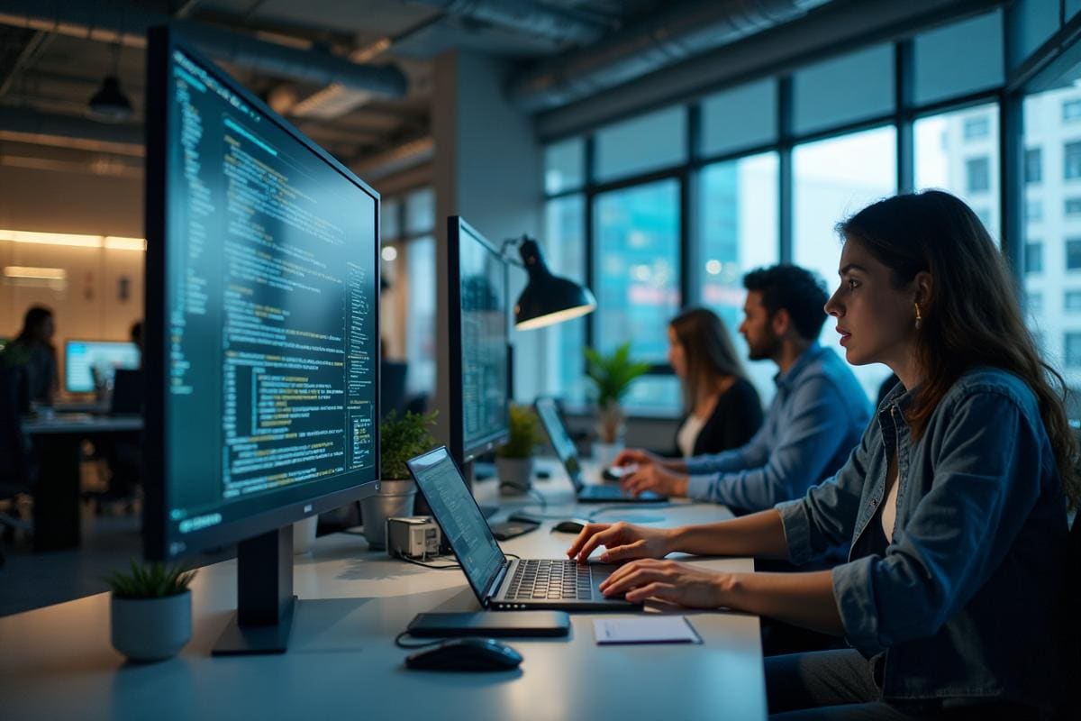 Modern tech startup workspace with developers and screens