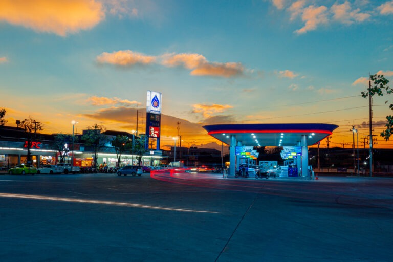 View of PTT gas station at night, Ratchaburi Thailand. Select focus